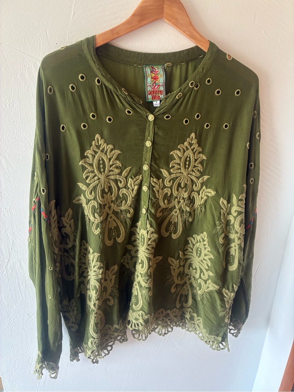 Johnny Was Embroidered Olive Green Embroidered Eyelet Women's Long Sleeve XL